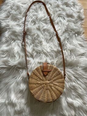 JCREW Round Woven Crossbody Bag in Tan with Leather Strap